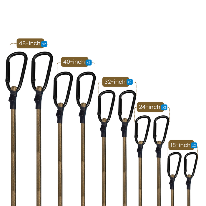 10 Pack Khaki Camouflage Bungee Cords with Carabiner Hooks – 18" 24" 32" 40" 48" Assorted Sizes, 8 mm Rubber Core