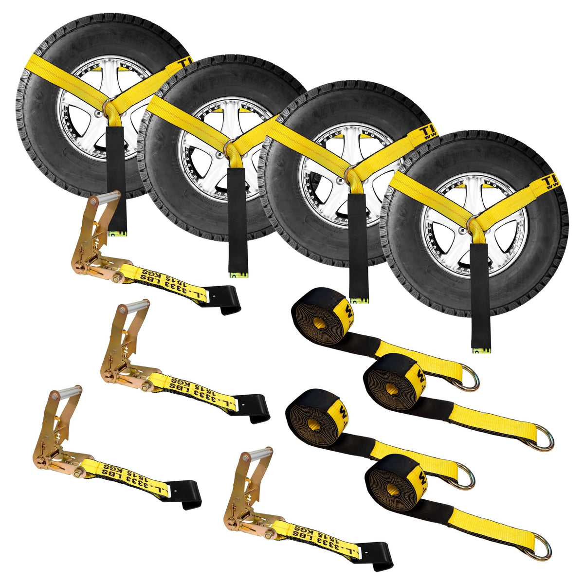 Side Mount Wheel Net With Flat Hook Ratchet Strap - 4 Pack