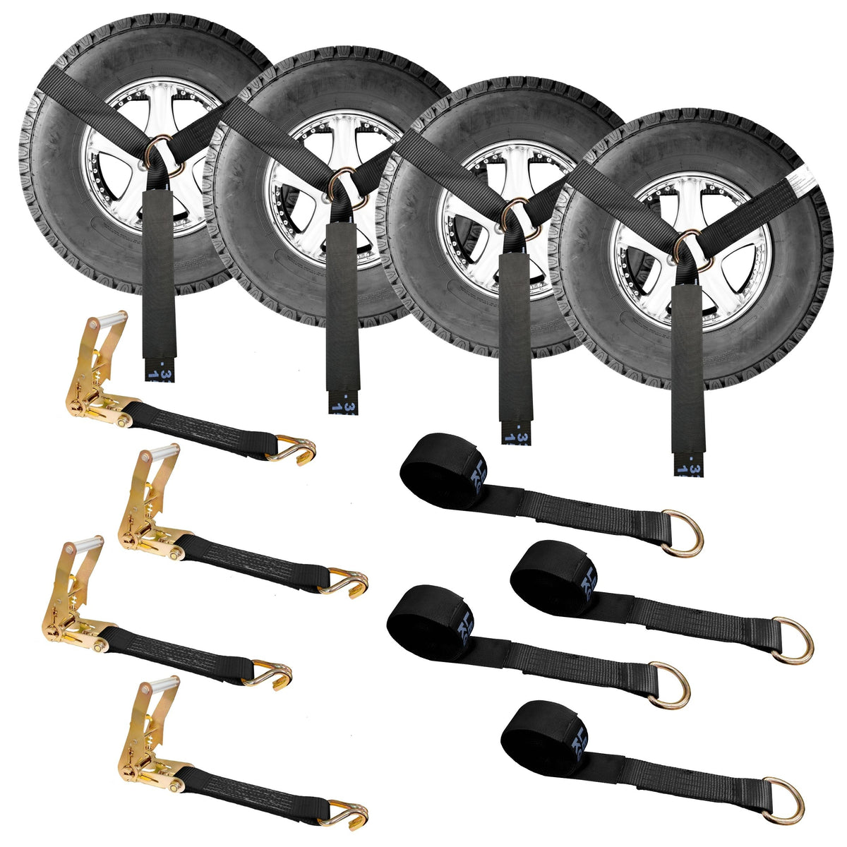 USA 4 Pack 2" x 10' Side Mount Wheel Net Tie Down w/Ratchet Lasso Strap J Hook