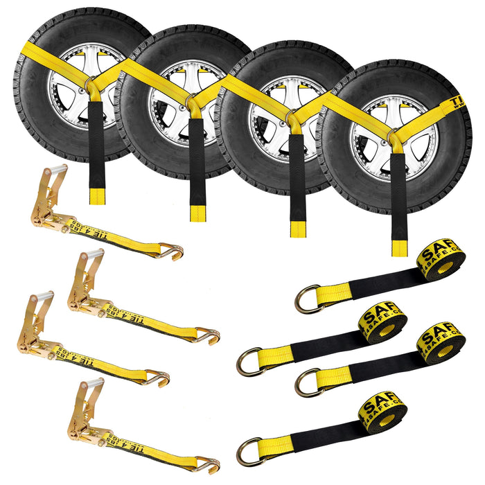 USA 4 Pack 2" x 10' Side Mount Wheel Net Tie Down w/Ratchet Lasso Strap J Hook