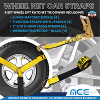 Load image into Gallery viewer, USA 4 Pack 2&quot; x 10&#39; Side Mount Wheel Net Tie Down w/Ratchet Lasso Strap J Hook

