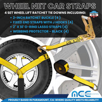 Load image into Gallery viewer, USA 4 Pack 2&quot; x 10&#39; Side Mount Wheel Net Tie Down w/Ratchet Lasso Strap J Hook
