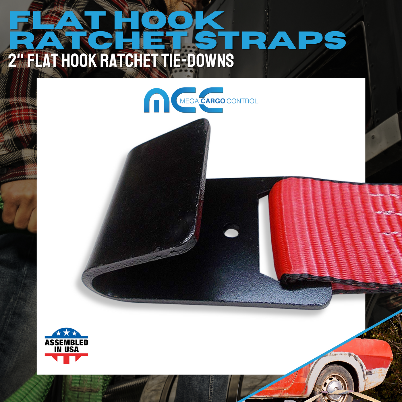 2 Ratchet Tie Down Strap w/ Flat Tow Hooks