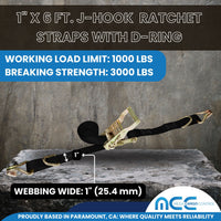 Load image into Gallery viewer, 2Pack 1&quot; x 6 ft Ratchet Straps W/ J-Hook &amp; D Ring
