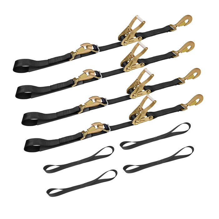 4 Pack Combination Ratchet Axle Strap w/ Twist Hook & Soft Tie Loops (Set)