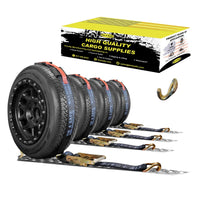 2" x 10' Car Hauler Over-Tire Wheel Straps w/ Wire J Hooks - 4 Packs - Black