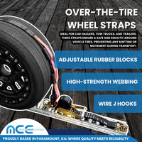 Load image into Gallery viewer, 2&quot; x 10&#39; Car Hauler Over-Tire Wheel Straps w/ Wire J Hooks - 4 Packs - Black
