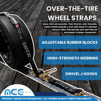 Load image into Gallery viewer, 2&quot; x 10&#39; Over-Tire Car Hauler Wheel Straps w/ Swivel J Hooks - 4 Packs - Black
