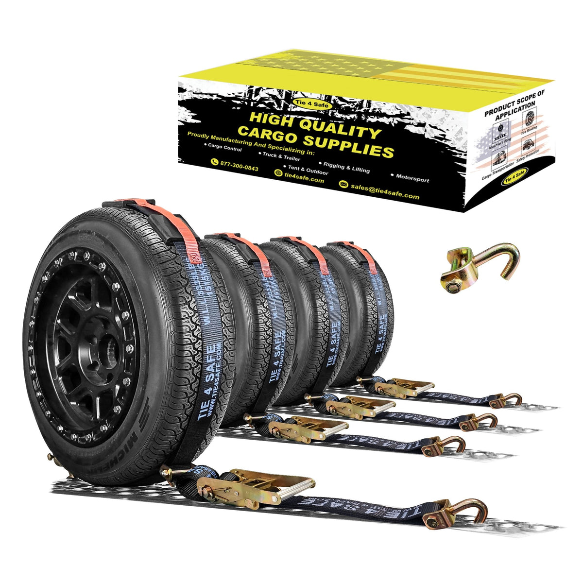2" x 10' Over-Tire Car Hauler Wheel Straps w/ Swivel J Hooks - 4 Packs - Black