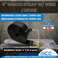 Load image into Gallery viewer, 3&quot; Winch Strap w/ Wire J Hook - USA Custom Made

