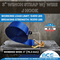 Load image into Gallery viewer, 3&quot; Winch Strap w/ Wire J Hook - USA Custom Made
