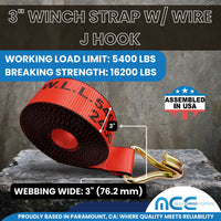 Load image into Gallery viewer, 3&quot; Winch Strap w/ Wire J Hook - USA Custom Made
