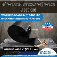 Load image into Gallery viewer, 4&quot; Winch Strap w/ Wire J Hook - USA Custom Made
