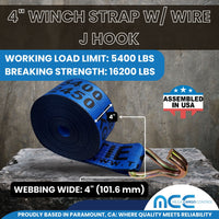 Load image into Gallery viewer, 4&quot; Winch Strap w/ Wire J Hook - USA Custom Made

