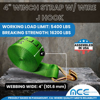 Load image into Gallery viewer, 4&quot; Winch Strap w/ Wire J Hook - USA Custom Made
